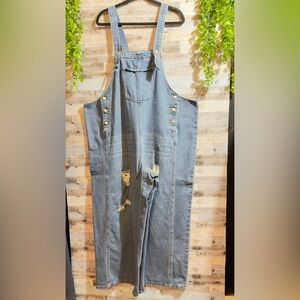Light Blue Distressed Denim Overalls - Women's Jeans